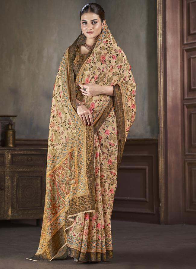 Natural Silk Brown Casual Wear Printed Saree